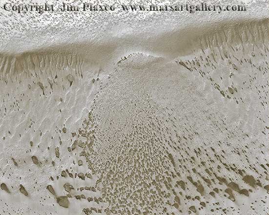 A picture of gullies defrosting on Mars during the martian spring